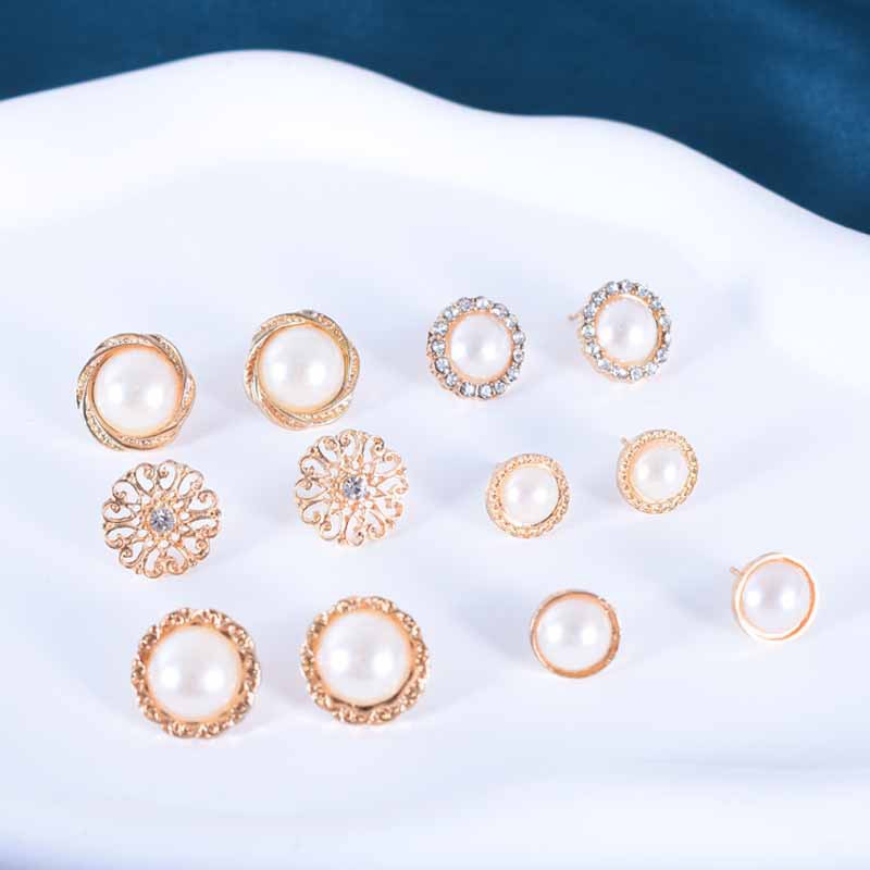 Fashion Korean Style Jewelry Set Earrings 6 Pair Round Pearl Diamond Flower Earrings Combination Set Women