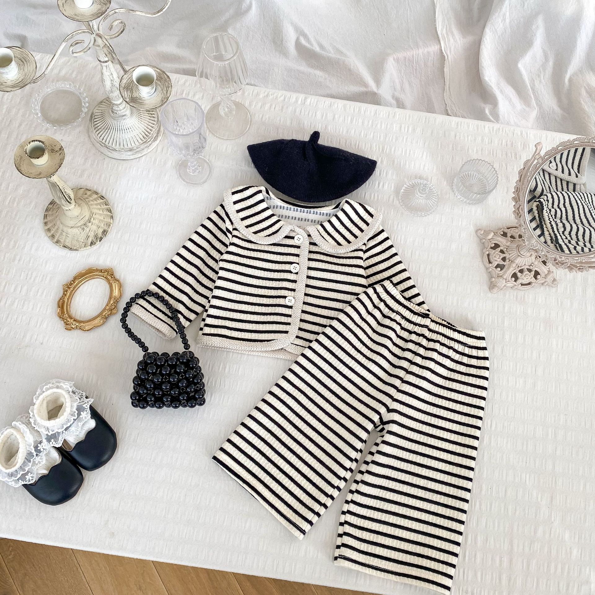 2025 spring girls striped suit simple lapel long sleeve top coat casual wide leg trousers two-piece set