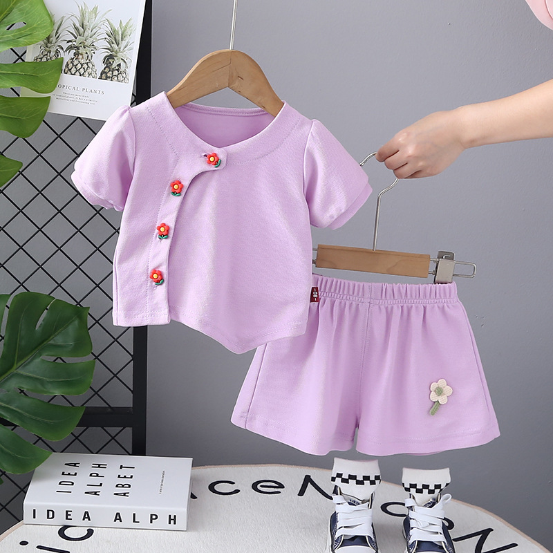2025 New Western Style Baby Summer Children's Casual Flower Button Short-sleeved Two-piece Girl's Summer suit