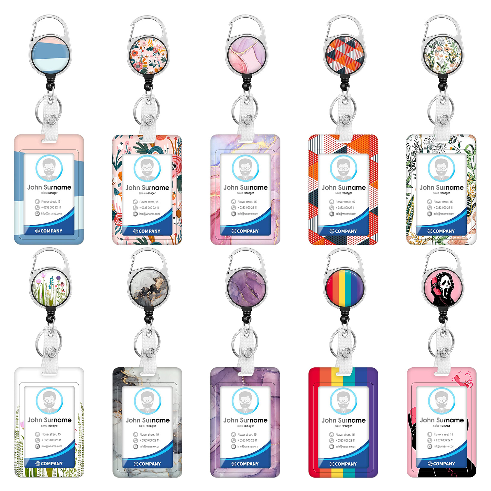 Round drop gilding marble pattern easy pull-up buckle easy pull-up rainbow polyester lanyard pvc floral card sleeve