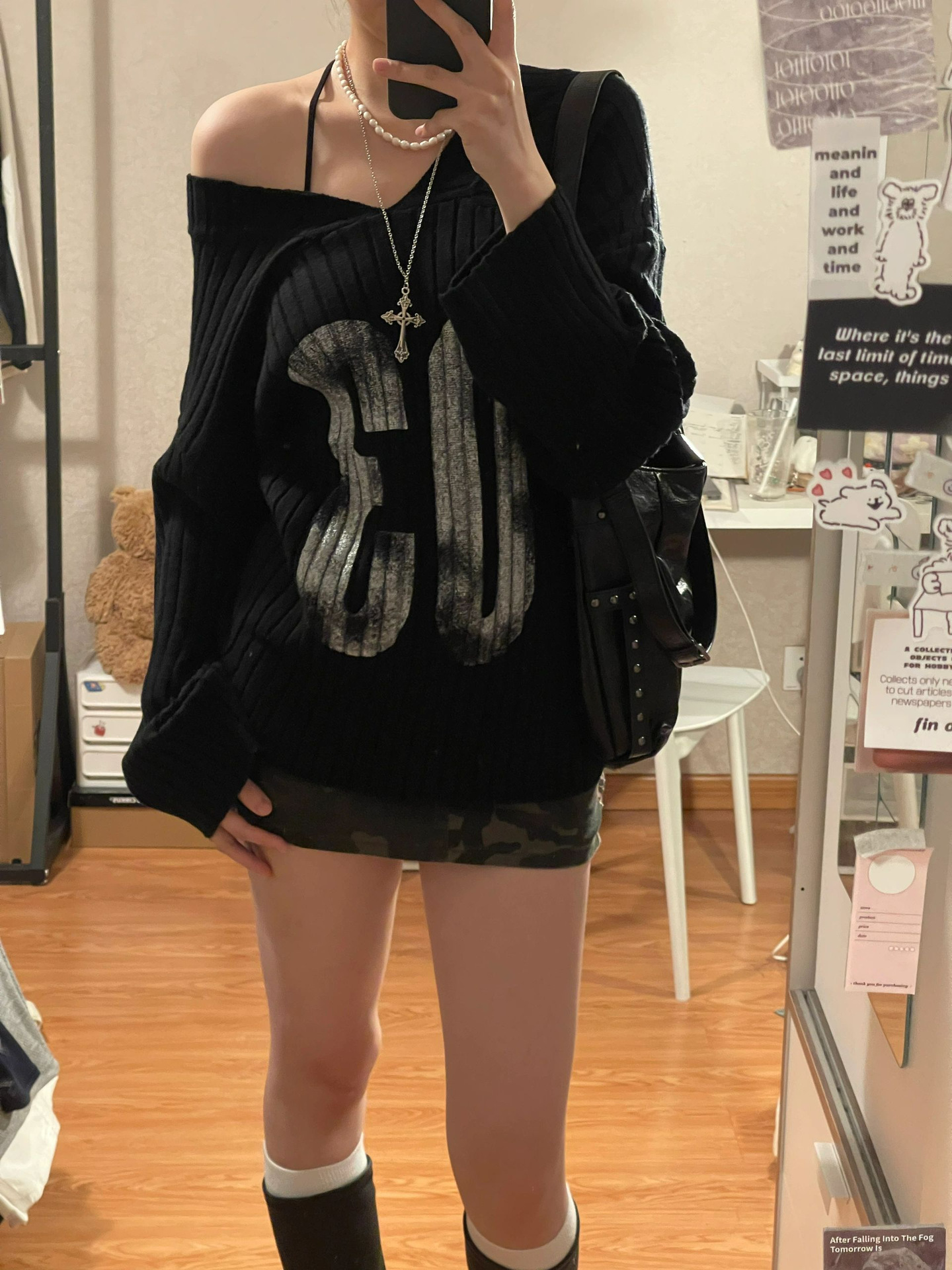 American-style Sweet and Spicy V-neck Shoulder Long-sleeved Pullover Sweater Autumn and Winter All-match Loose Relaxation Slim Sweater Top