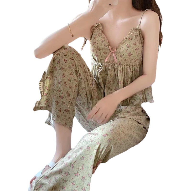 Imitation Cotton Floral Pajamas Women's Summer Thin Lace Sling Trousers Suit Sleeveless Vest Cute Home Clothes for Hair