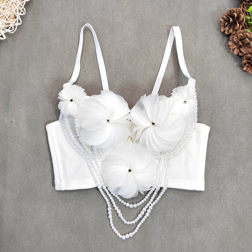Sweet and Cute Outer Wear Underwear Short Three-dimensional Flower Bead Sling and Chest Beautiful Back Solid Color Body Shaping Tube Top Wholesale