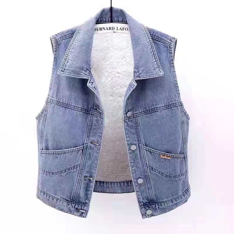 Autumn and Winter lamb wool fleece-lined thickened Denim Vest Women's loose short sleeveless vest waistcoat
