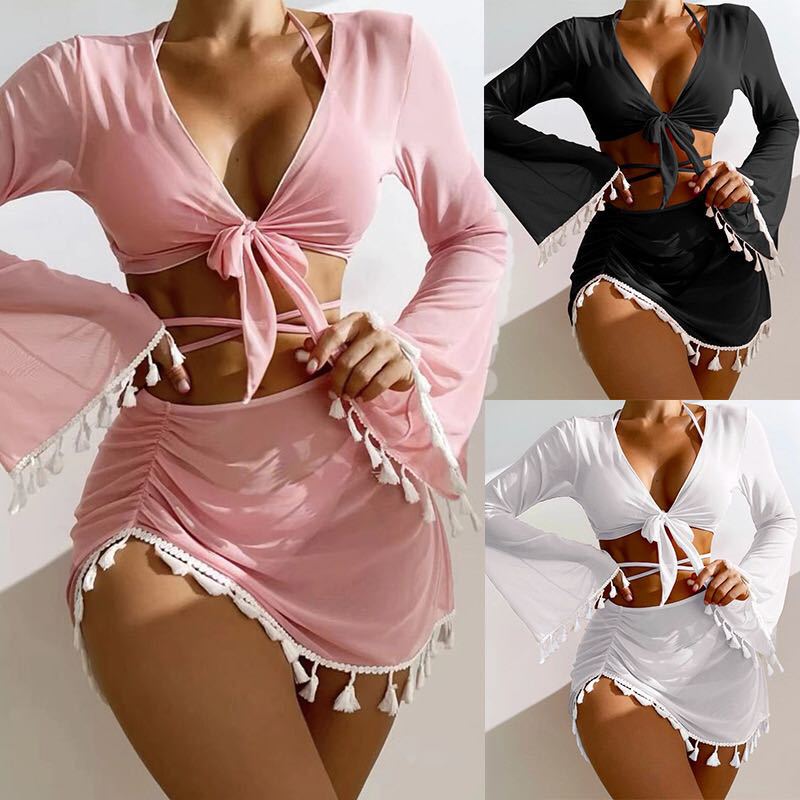 2023 new European and American cross-border conservative swimsuit women's solid color tassel mesh blouse short skirt four-piece bikini
