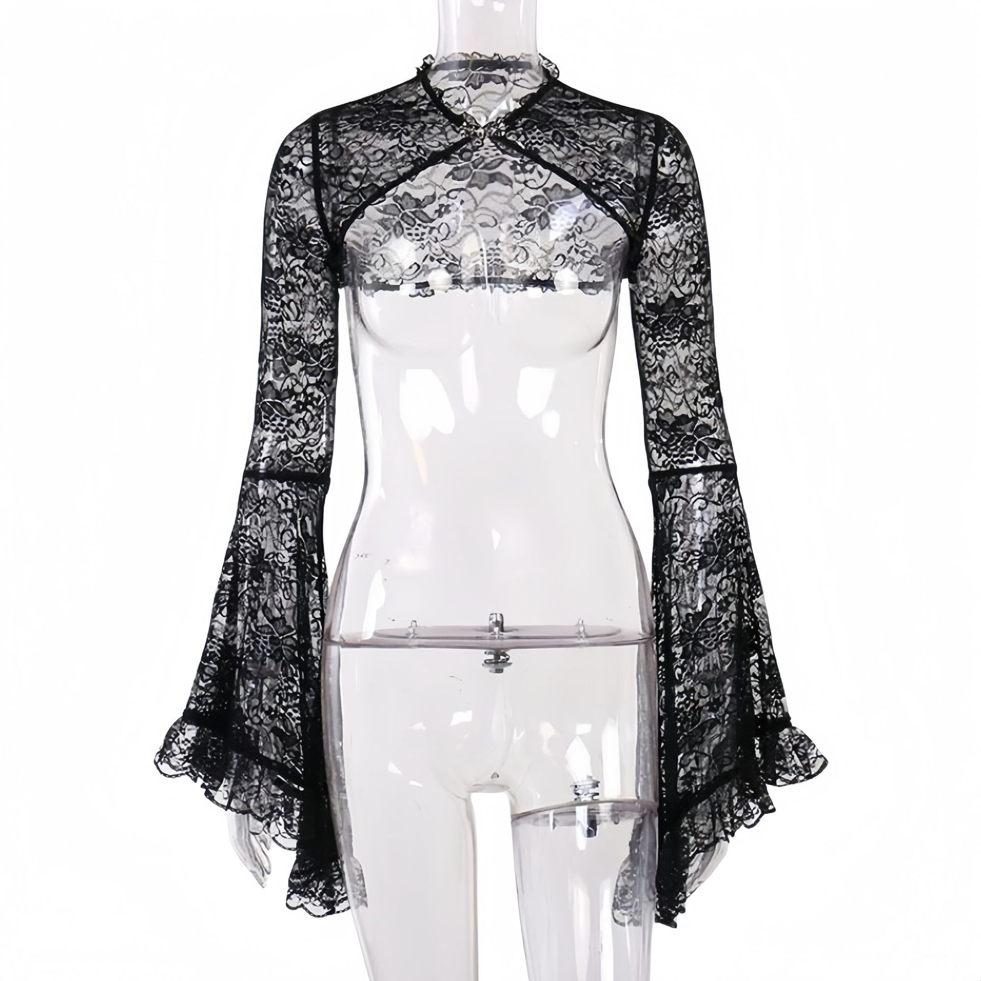 European and American Halloween cross-border women's clothing new black lace bell sleeve shawl elegant sexy stand collar top