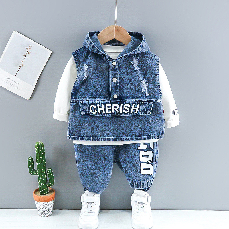 Fashion 1 baby boy spring clothes suit baby children's clothing Western style little boy Spring and Autumn 3 ripped Denim three-piece suit