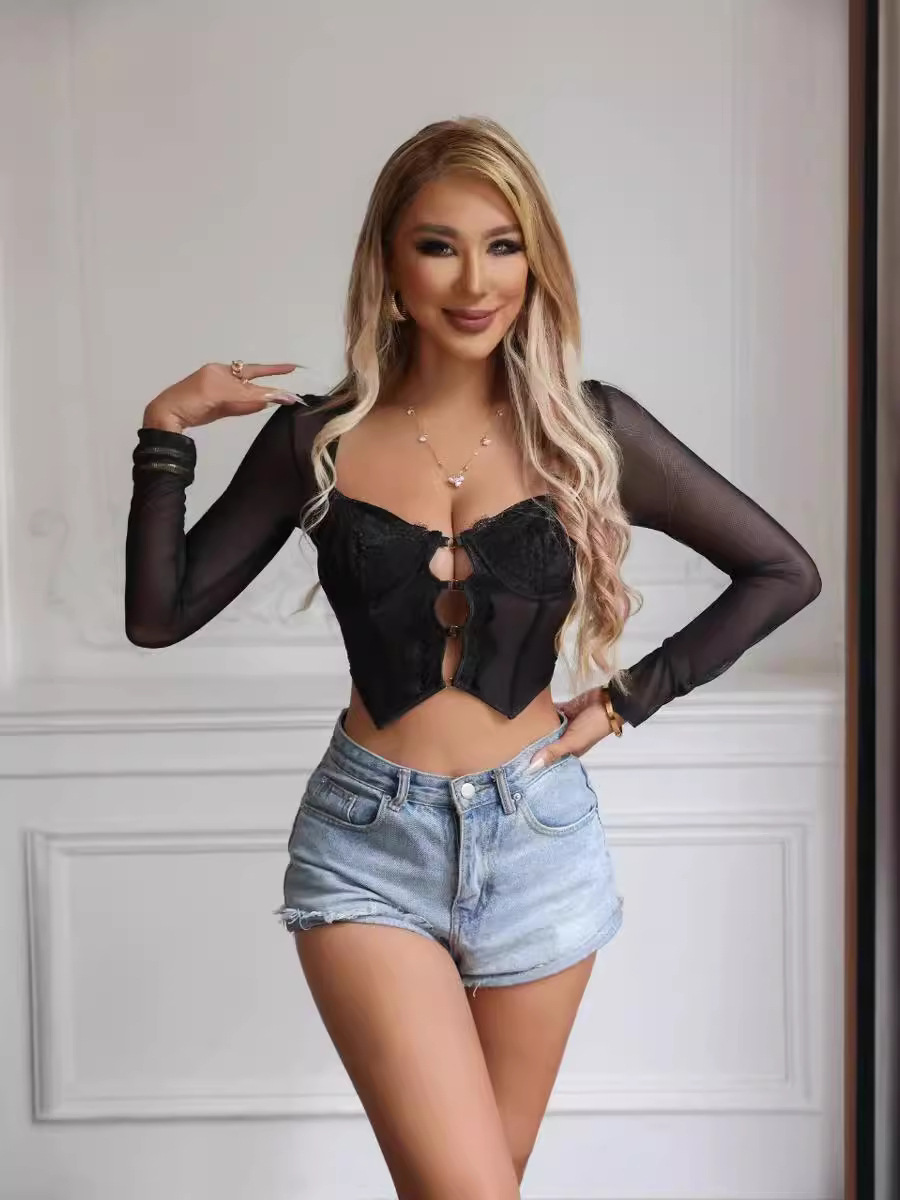 European and American Foreign Trade Street Fashion Sexy Lace Mesh Fishbone Slim-fit Square Neighbor Top Long Sleeve Women's Vest Tube Top