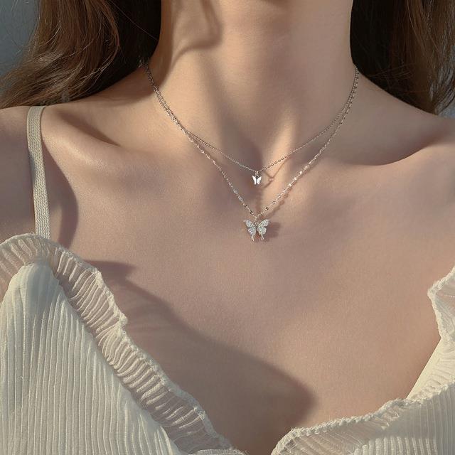 New Fashion Diamond Butterfly Double-layer Necklace Women's Simple Design Sense Niche Light Luxury Elegant Cold Style Clavicle Chain