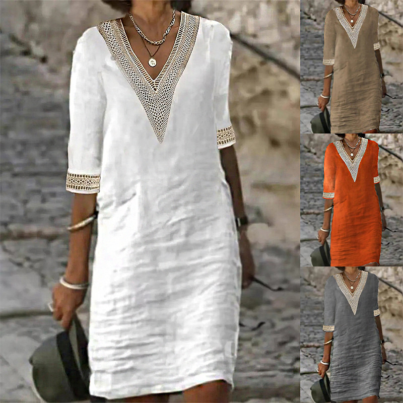 2024 European and American Amazon Independent Station Autumn New Solid Color V-neck Sleeve Cotton and Linen Elegant Elegant Dress for Women