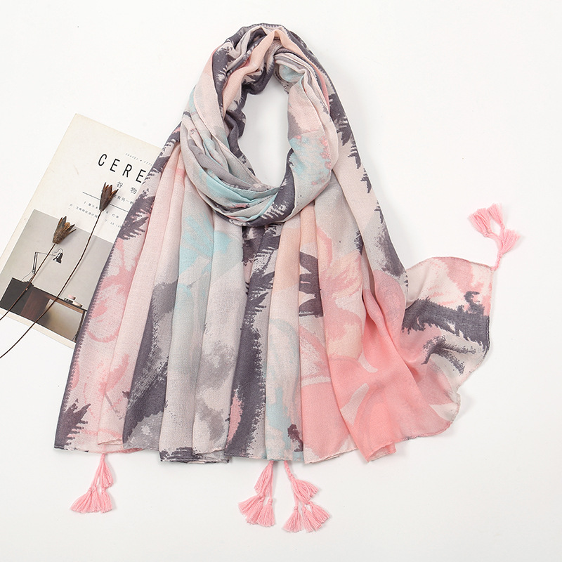 Picture of New Artistic Fresh Cotton and Linen Retro Tassel Scarf Women's Printed Beautiful Silk Scarf Japanese Sunscreen Shawl