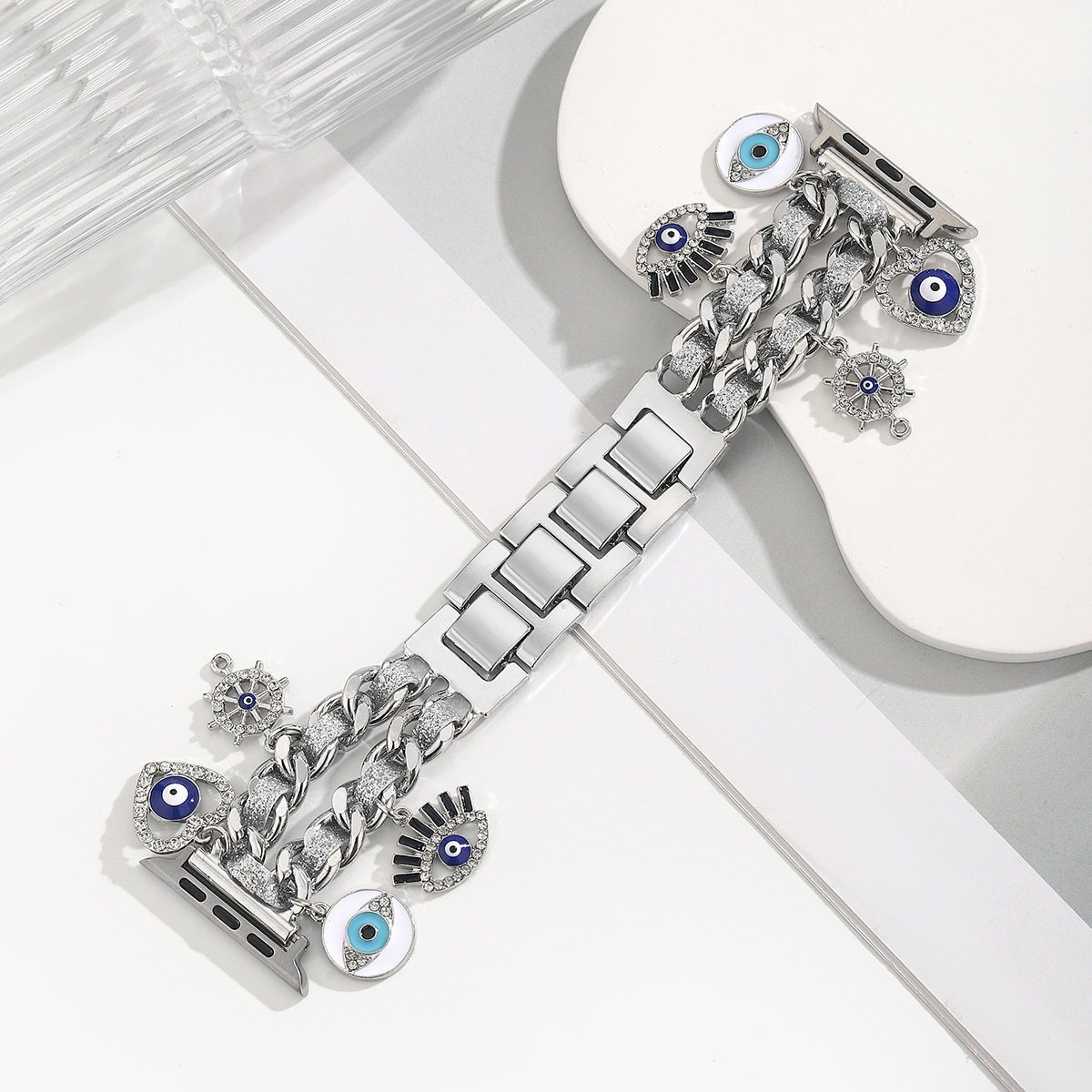 Suitable for Apple Ultra Watch Small Fragrance Devil's Eye Decorative Watch Strap Apple Watch10 Denim Chain Splicing