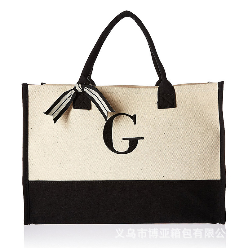 Amazon Hot Sale Cotton Linen Canvas Bag Letter Tote Bag Splicing Bag Canvas Shopping Bag Custom l ogo