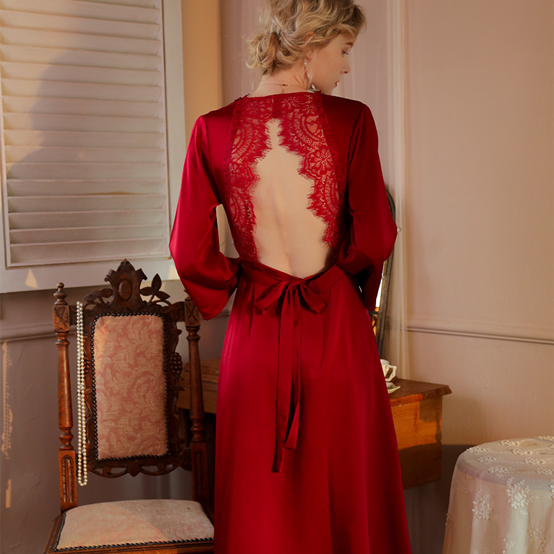 Red Pajamas Autumn Women's Wedding Morning Robe Bridal Pajamas Bridesmaid Dress Ice Silk Backless Sexy Nightgown Long