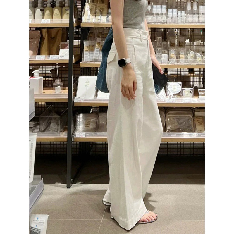 2025 Spring and Summer New Style Small White Cotton and Linen Wide-Leg Pants High-Waist Draped Slim Straight Casual Pants for Women