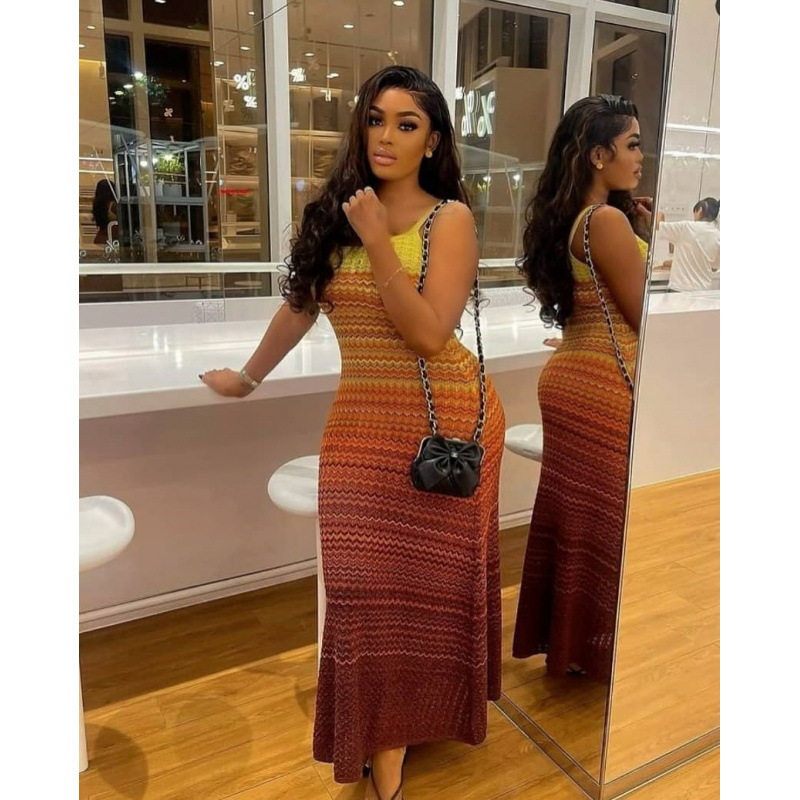 Cross-Border Supply French Gradient Striped Knitted Dress Sleeveless Suspender Skirt Slim Waist Slimming Sweater Skirt