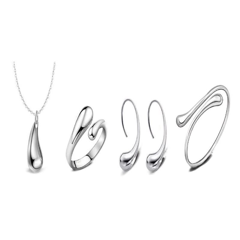 Light Luxury Retro Silver Jewelry Set Earrings Water Drop Large Bracelet Necklace Ring Oval Earrings for Women Wholesale