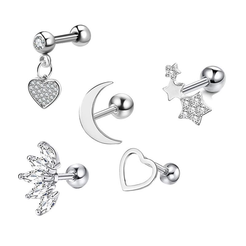 Picture of 5-Piece Set of Amazon Geometric Stainless Steel Zircon Earrings Cross-Border European and American Piercing Jewelry Silver Twisted Tooth Earrings