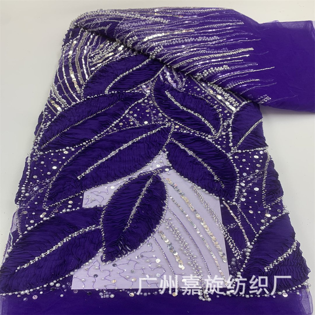 European and American Chiffon Fabric with Leaf Beads, Sequins, Mesh, Three-Dimensional Plant Floral Pattern for Dresses and Gowns, Embroidered Fabric