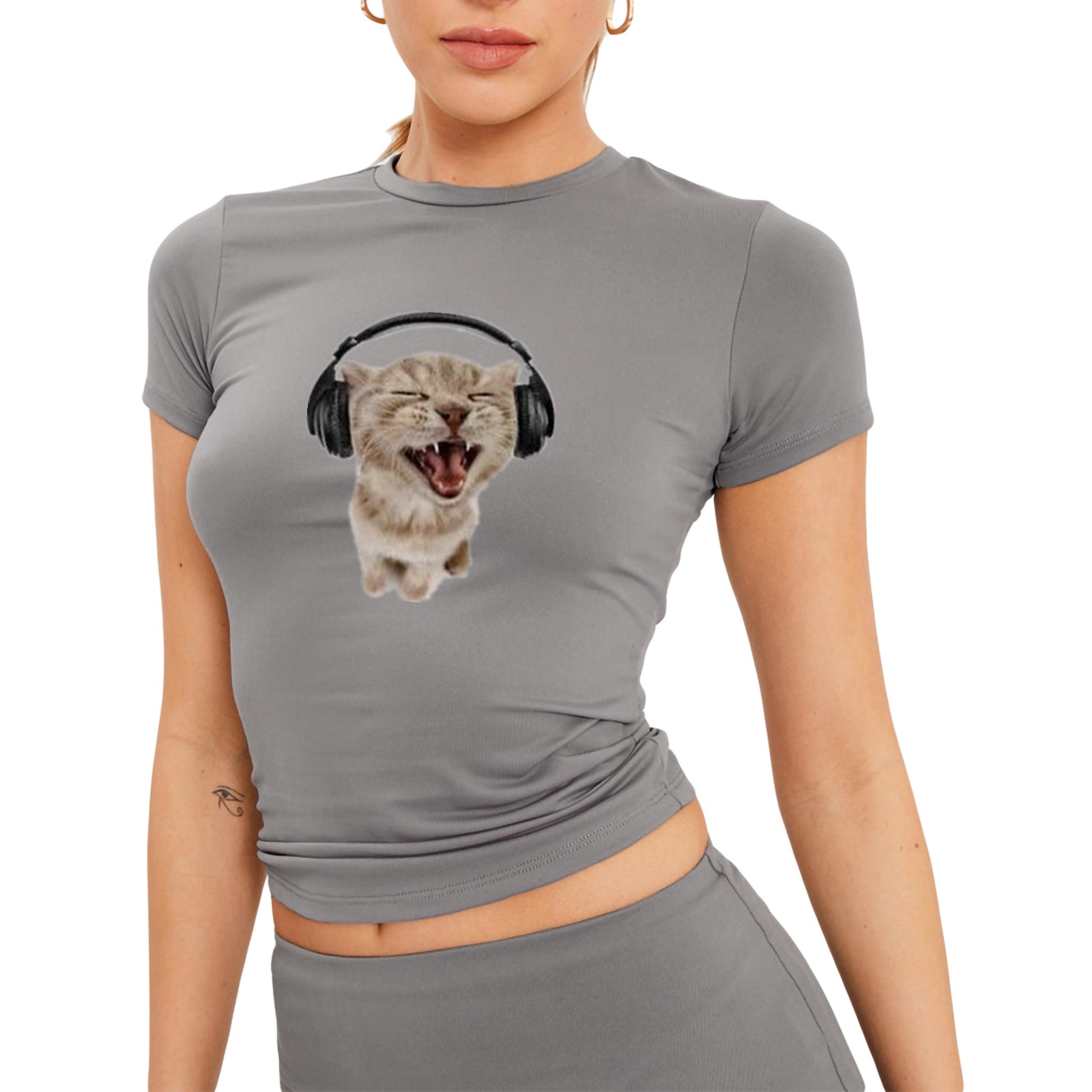 Picture of 2025 Summer European and American Style Cross-Border New Product Ladies Sexy Cat Print Short-Sleeved Slim Fit Int Shirt