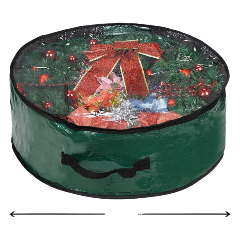 Cross-Border Christmas Wreath Cosmetics Bag Pe+Pvc Single-Sided Transparent Christmas Decoration Round Wreath Storage Hanging Bag