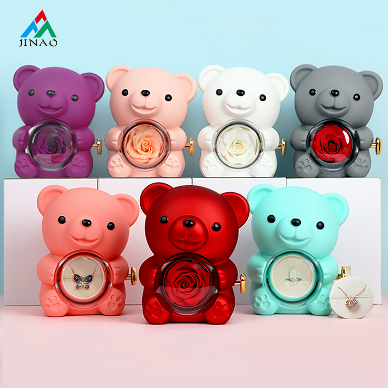 New Tanabata Valentine's Day hug bear rotating eternal life flower gift box ring necklace jewelry box packaging factory wholesale