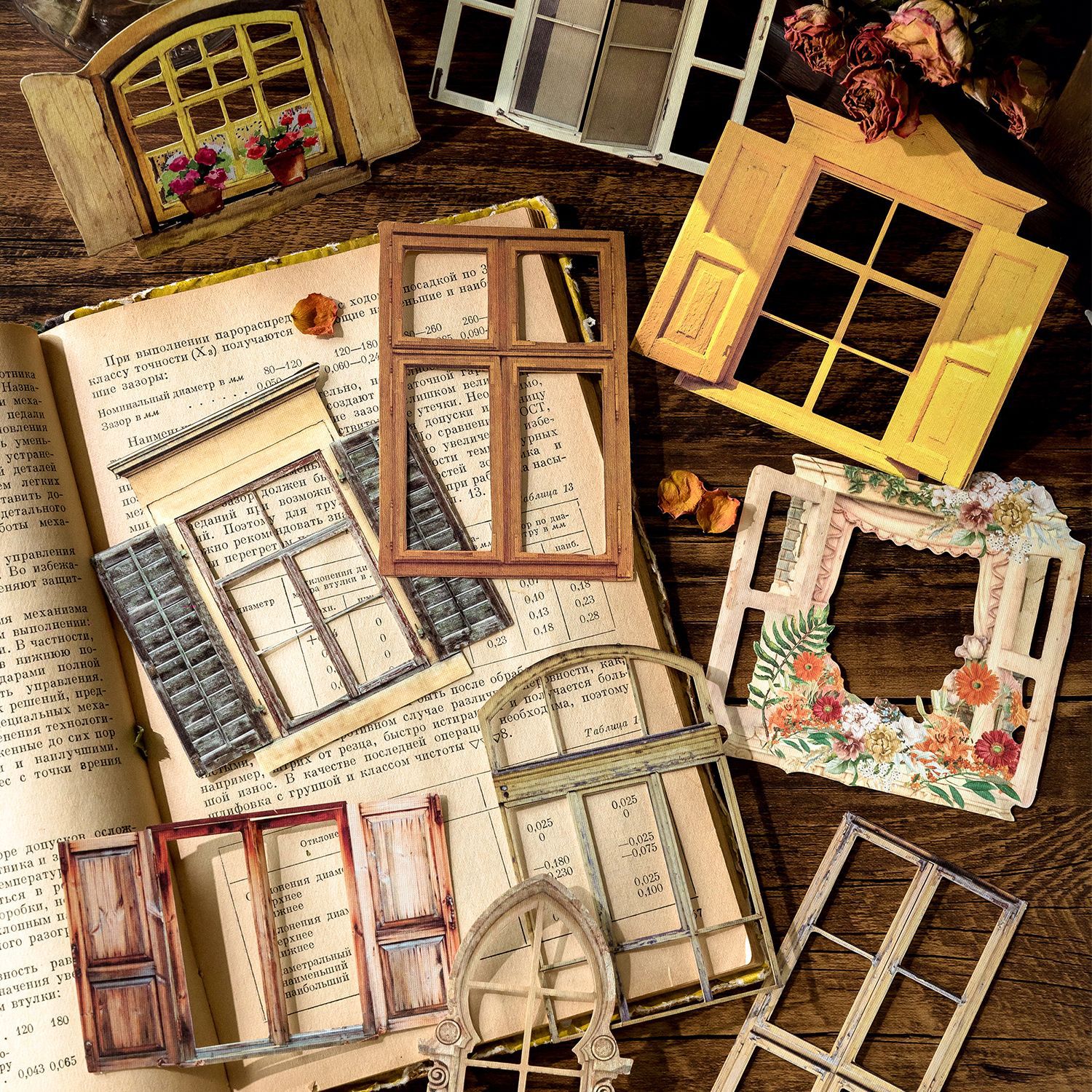 Picture of Momo Retro Cut Out Flower Window Mechanism Collage Card Stickers Dreamland in the Window Series Handbook Material Package 10 Sheets 6 Styles