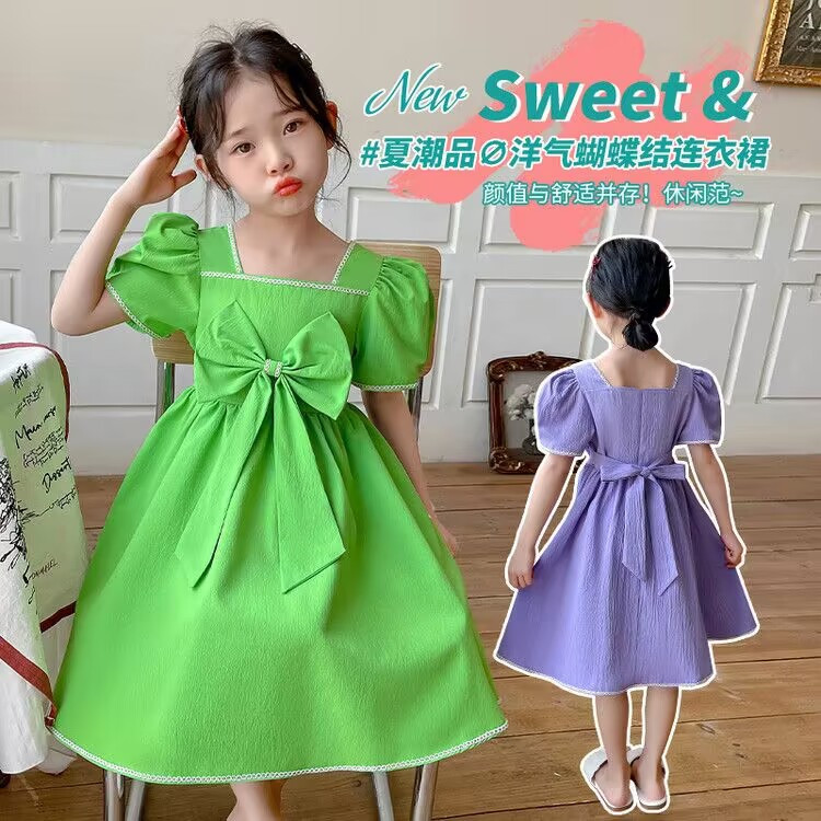 Girl's Princess Dress Summer Performance Dress Western Style Children's Princess Dress Little Girl's Bow Puff Sleeve Dress