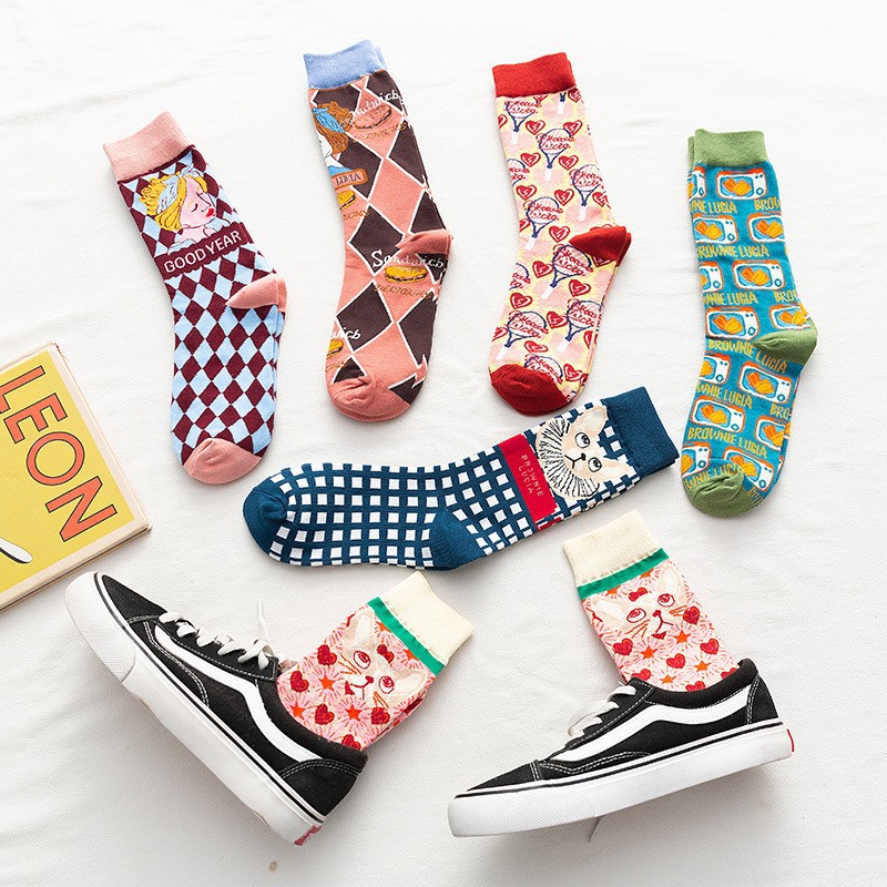 Interesting Illustration Personality Stockings Ins Trendy Fashion British Diamond-shaped Lattice Cat Bear Joint Pure Cotton Mid-length Stockings for Women