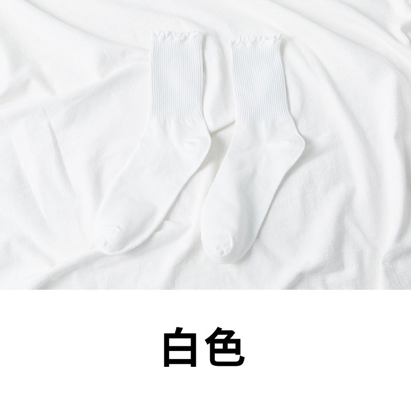 Picture of White lace socks women's mid-calf spring and autumn wooden ear socks ins trendy all-match college style Japanese jk pile socks