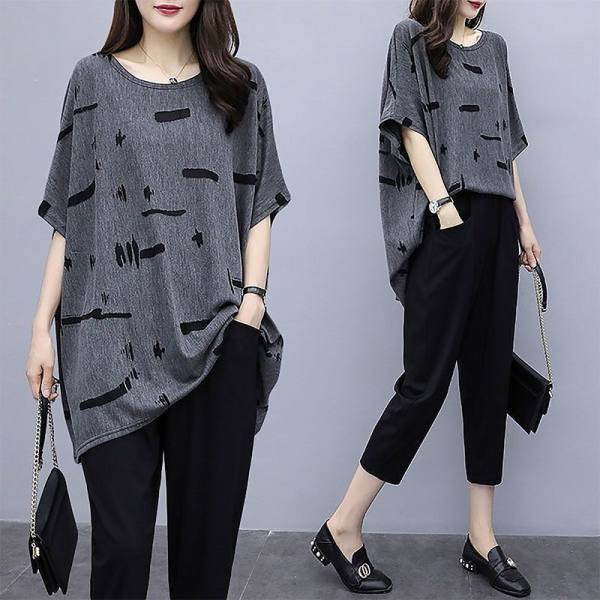 200kg large size women's summer fat mm foreign style printed short sleeve cropped pants loose fashion age-reducing two-piece suit