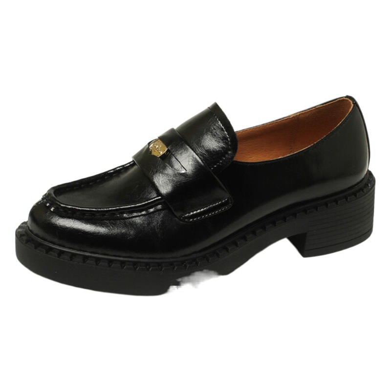 Black gold coin loafers thick sole 2023 new slip-on small leather shoes casual retro chunky heel shoes