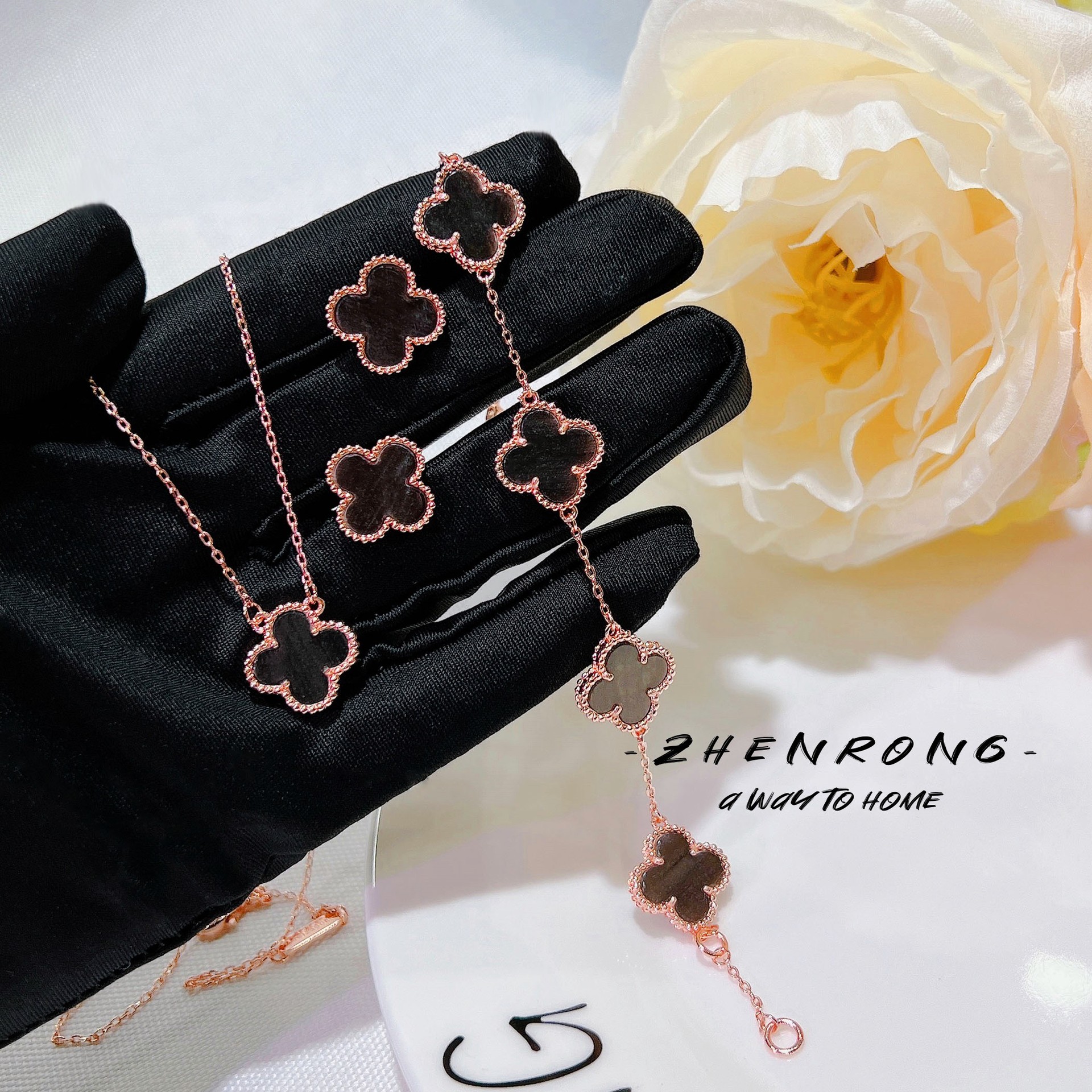 Fanjia New Blue Peters Stone Five-flower Four-leaf Clover Bracelet Light Luxury Niche High-grade Silver Obsidian Earrings Necklace for Women