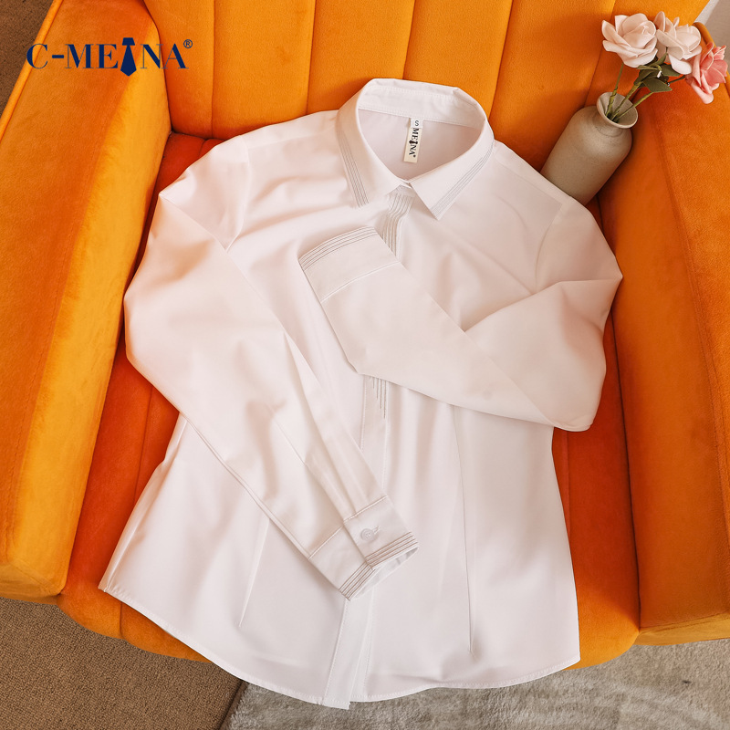 Picture of Elegant Commuter New Women's Long Sleeve Square Neck Single-Breasted Slim Fit Chiffon White Shirt