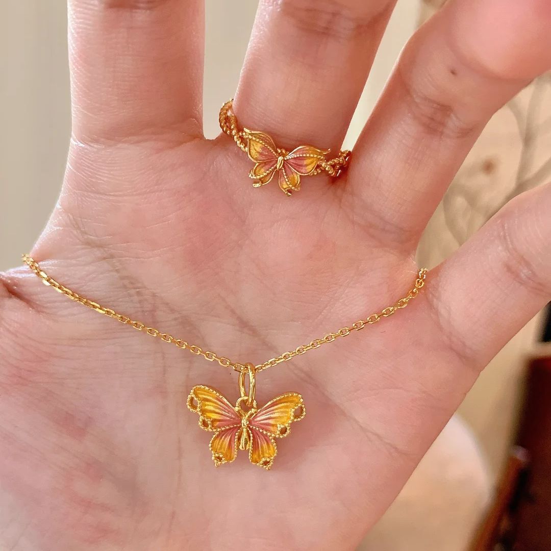 Ancient Method Gold Gradient Enamel suit Autumn Sunset Butterfly Necklace Retro Light Luxury Pendant Kingdee Ring for Women