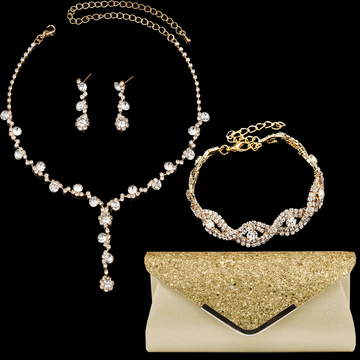 Picture of European and American Fashion Copper Flower Rhinestone Necklace Earrings Bracelet Evening Bag Party Jewelry All-match Bride Four-suit