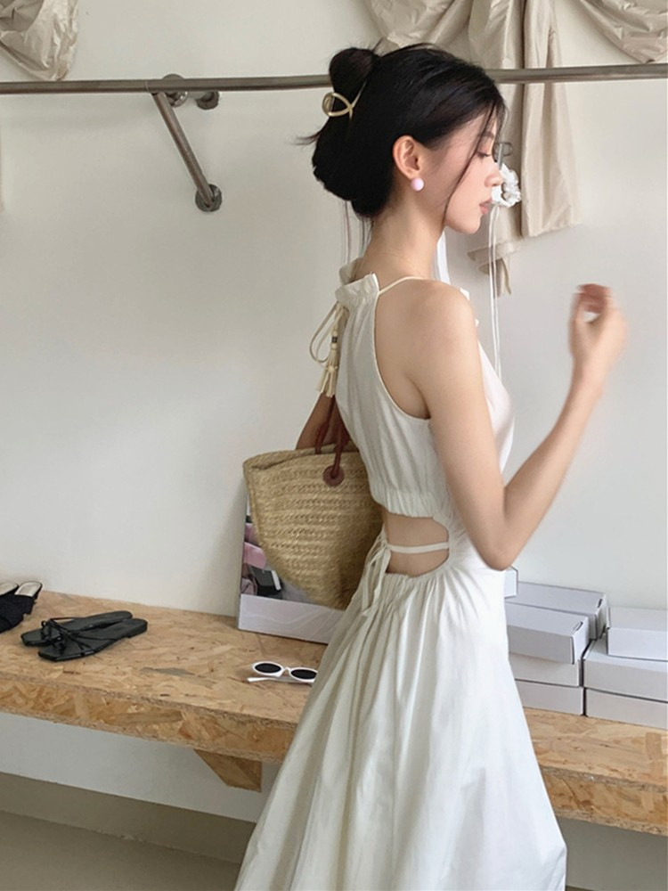 Hollow Back Tassel Suspender Halter Dress Women's Summer Design Waist Strap Skirt A-Line Mid-Length Skirt