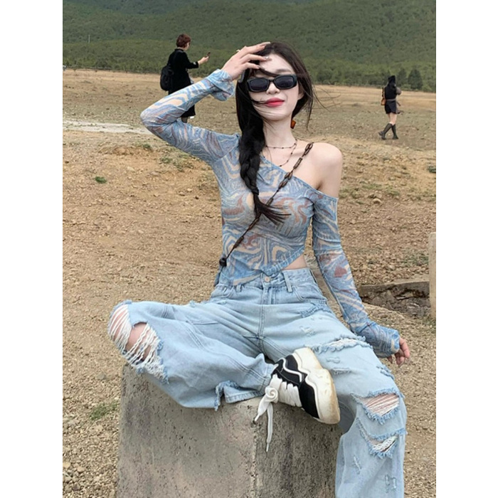 Picture of HoT Girl American ReTro Off-shoulder Long-sleeved T-shirT Women's Summer AsymmeTrical Slim Sexy Sun ProTecTion Mesh Blouse Top