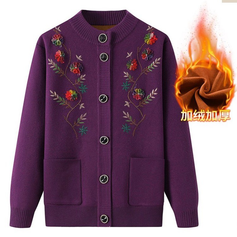 Picture of Knitted sweater plus velvet coat women's clothing for the elderly embroidered cardigan mother autumn warm sweater old lady clothing