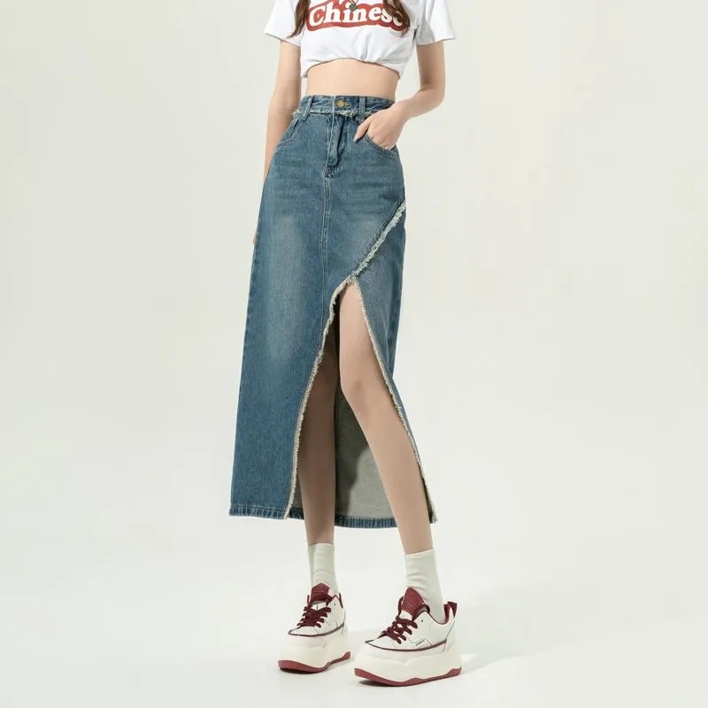 Spring New Slim Retro Raw Edge Design Sense Mid-length A- line Skirt High Waist Irregular Split Denim Skirt