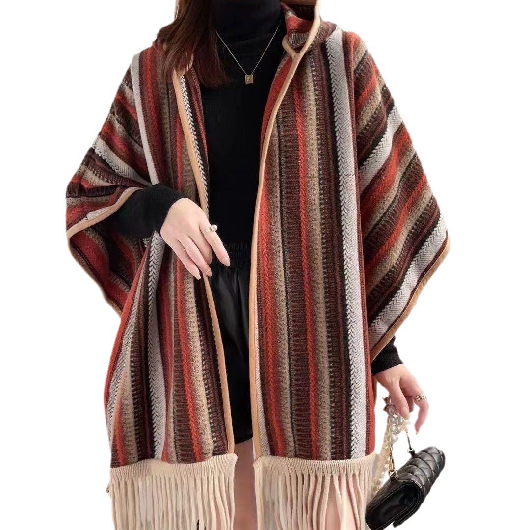 Ethnic style hooded shawl cloak dual-use coat warm windproof outer wear retro tassel striped cardigan travel
