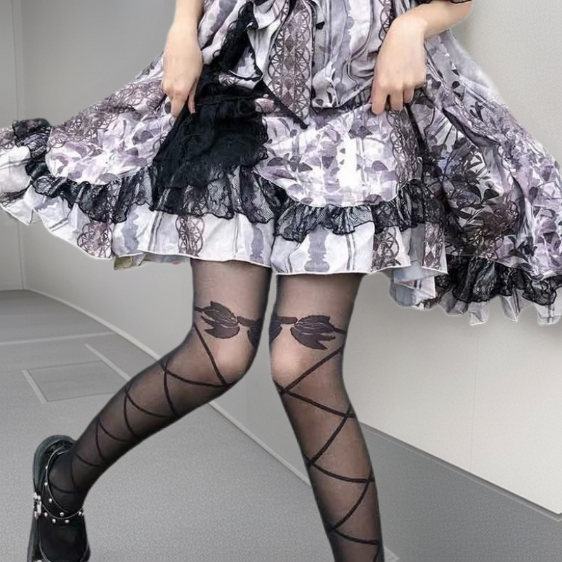 Japanese lolita Leg lolita Silk Stockings Women's Printed Band Bow White Pantyhose White Silk jk Socks