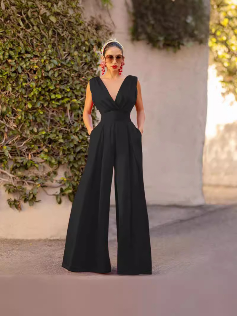 2024 Cross-border Foreign Trade Spring and Summer Chinese Style Long Dress New Chinese Style Jumpsuit V-Neck Mid-waist Temperament Commuter Jumpsuit