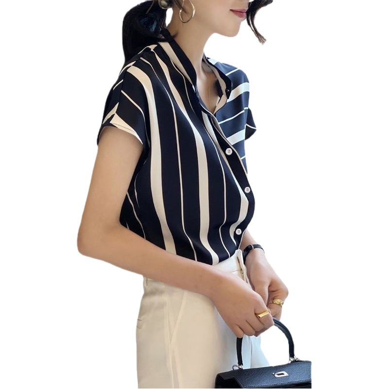 Age-reducing Shirt Chiffon Top Short-sleeved Women's Summer All-match Elegant New High-end Western-style Irregular Striped Shirt
