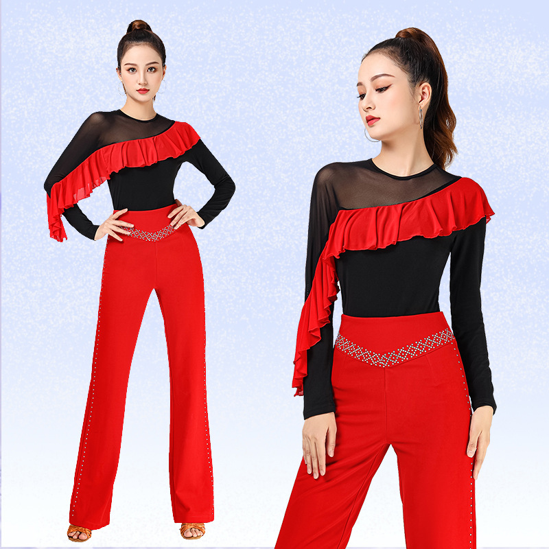 Latin Dance Top New Modern Dance Jitterba Dance Suit Mesh Elegant Wave Sleeve Red Long Sleeve