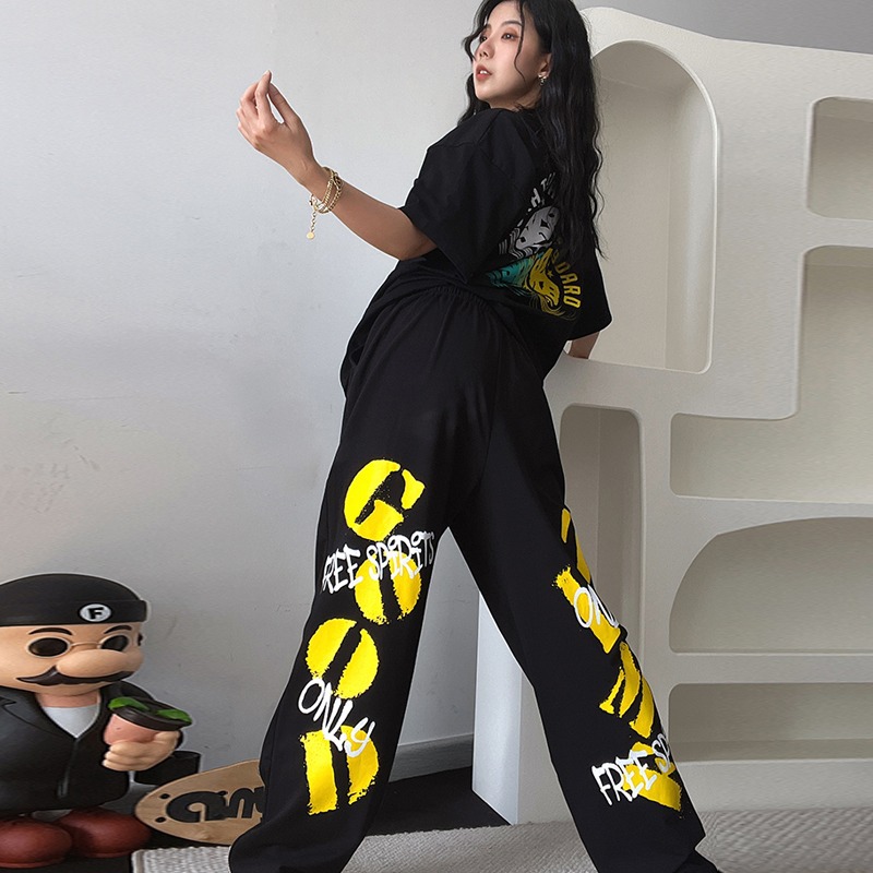 Picture of 2024 New Arrival Yellow Letter Black Trousers Women's All-Match Hip-Hop Hiphop Jazz Hip-Hop Loose Wide-Leg Pants Casual