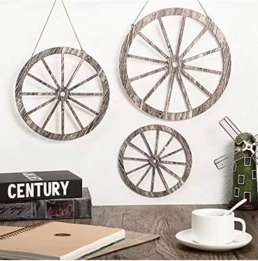 Picture of 3 pieces wooden four-wheeler wall decoration 12/10/8 inch Old Western wooden four-wheel wall art farmhouse four-wheeler