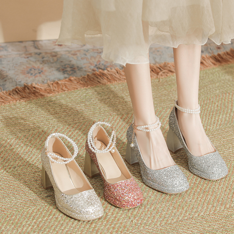 Picture of Xinyue 568-X10 Waterproof Platform High Heels Thick Heel Square Toe Flats 9cm Small Height Increasing Sequin Pearl Chain