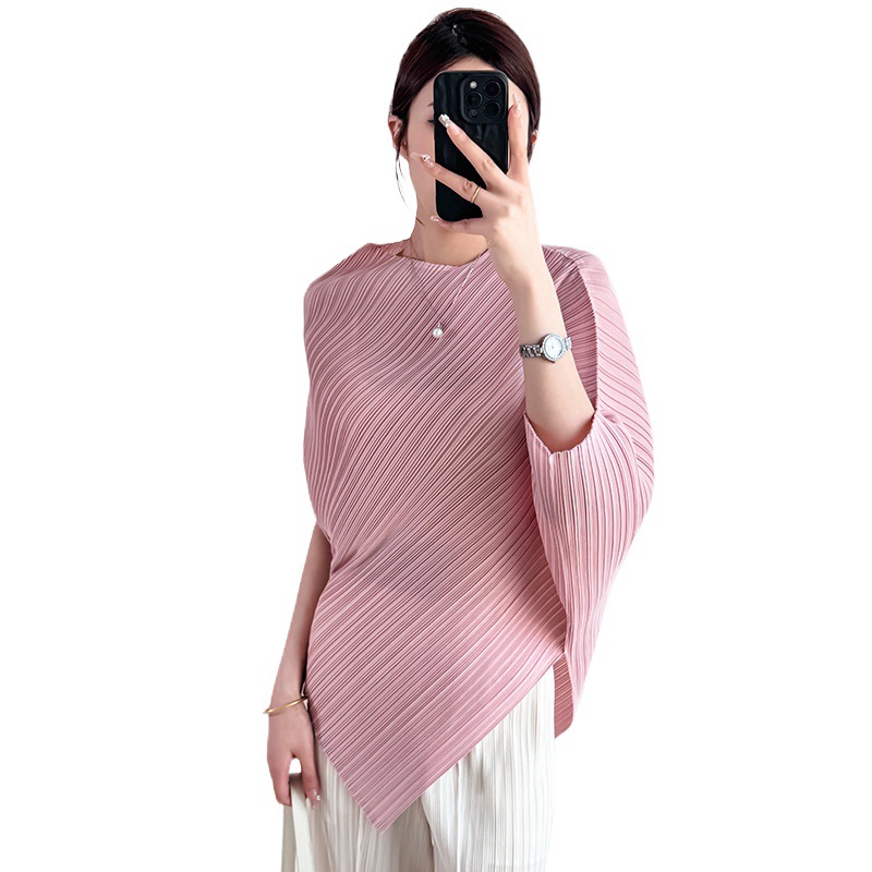 Picture of Miyake Fashion Slim Design 2025 Pleated Round Neck Tie Waist Short-Sleeved Top Solid Color Loose Shirt for Women