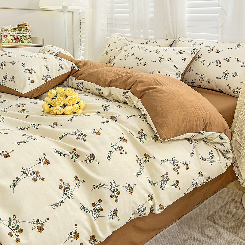 Picture of Class A Washed Double Yarn Cotton and Linen Four-piece Bed Sheet Cover Cover Three-piece Machine Washable Single and Double Bed Top Supplies